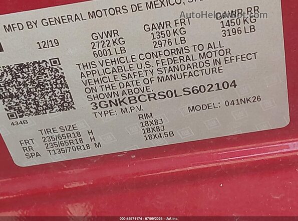 3GNKBCRS0LS602104 2020 CHEVROLET BLAZER Red ძრავის განყოფილების ხედი