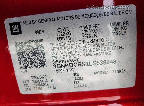 3GNKBCRS1LS538848 2020 CHEVROLET BLAZER Red Widok naklejki z numerem VIN