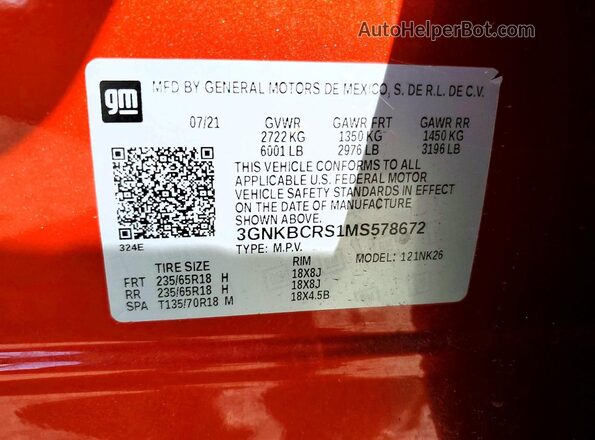 3GNKBCRS1MS578672 2021 CHEVROLET BLAZER Оранжевый Вид наклейки с VIN-кодом