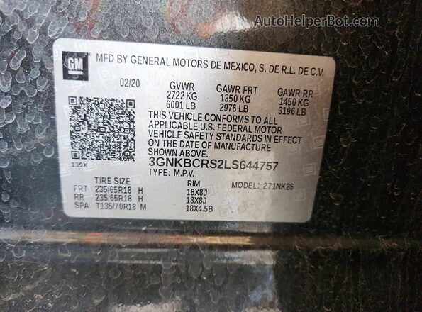 3GNKBCRS2LS644757 2020 CHEVROLET BLAZER Charcoal VIN sticker view