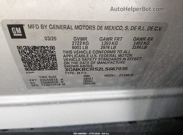 3GNKBCRS2LS667035 2020 CHEVROLET BLAZER Silver Widok komory silnika