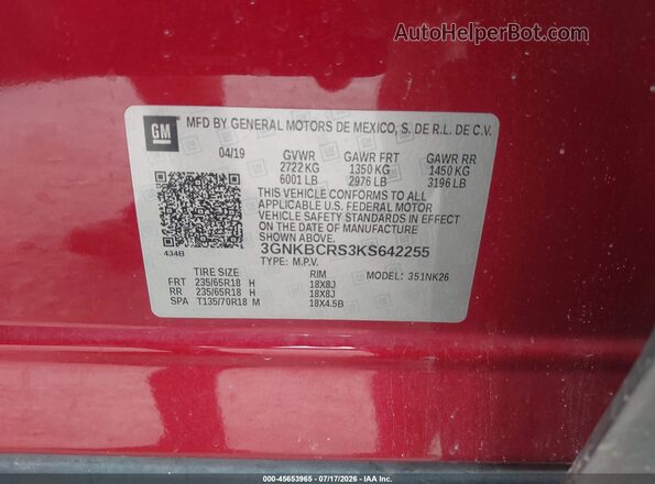 3GNKBCRS3KS642255 2019 CHEVROLET BLAZER Red Widok komory silnika