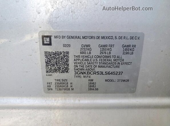 3GNKBCRS3LS645237 2020 CHEVROLET BLAZER Silver Vista interior de 360 grados