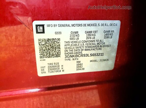 3GNKBCRS3LS653211 2020 CHEVROLET BLAZER Красный Вид наклейки с VIN-кодом