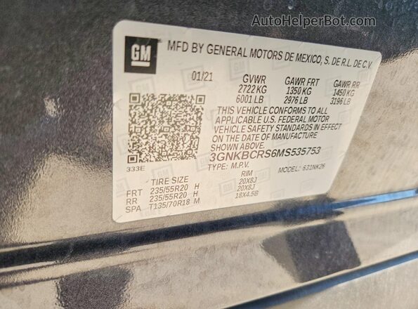 3GNKBCRS6MS535753 2021 CHEVROLET BLAZER Серый Вид наклейки с VIN-кодом