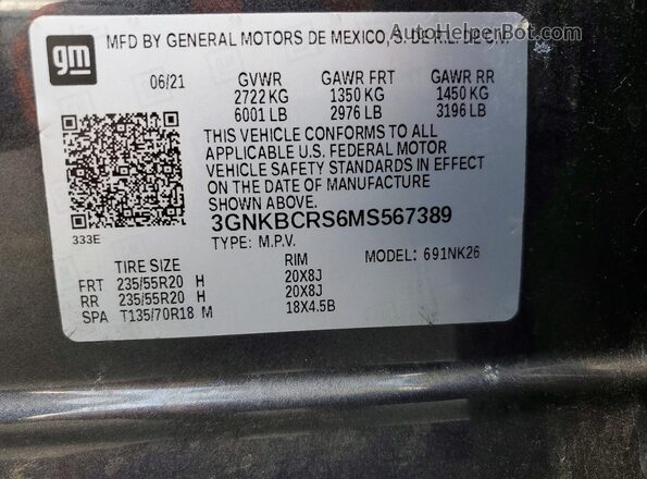 3GNKBCRS6MS567389 2021 CHEVROLET BLAZER Gray VIN sticker view