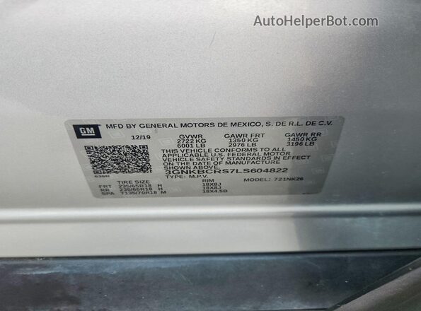 3GNKBCRS7LS604822 2020 CHEVROLET BLAZER Silver Вид наклейки з VIN-кодом