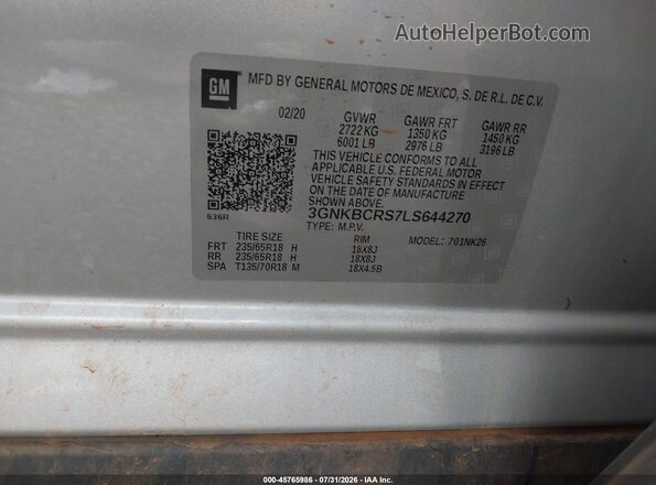 3GNKBCRS7LS644270 2020 CHEVROLET BLAZER Silver Вид підкапотного простору