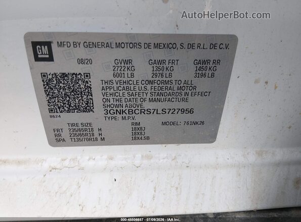 3GNKBCRS7LS727956 2020 CHEVROLET BLAZER White Vista del compartimento del motor