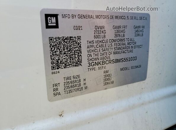 3GNKBCRS8MS551033 2021 CHEVROLET BLAZER White VIN კოდის სტიკერის ხედი
