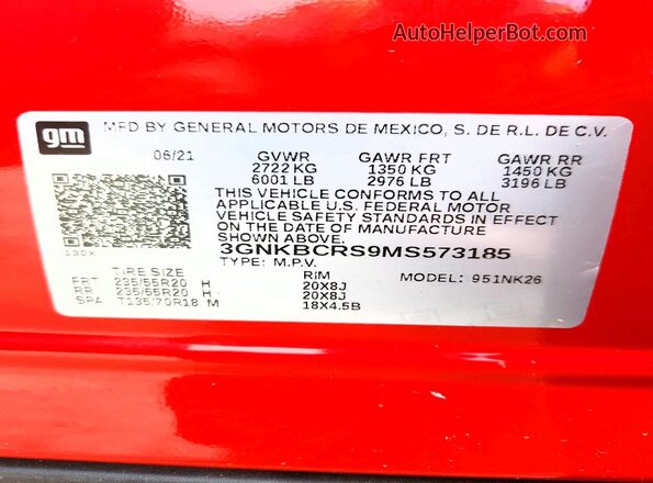 3GNKBCRS9MS573185 2021 CHEVROLET BLAZER Red Widok naklejki z numerem VIN