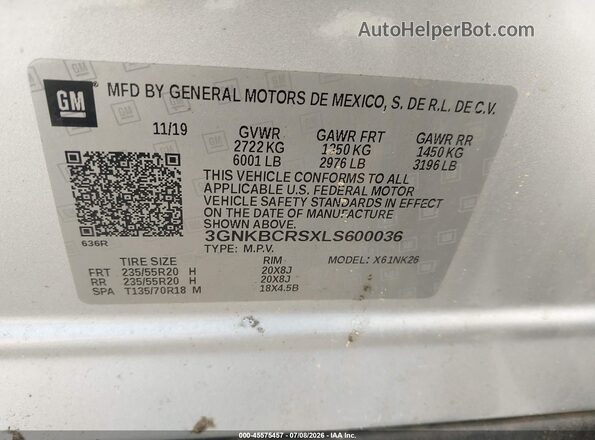 3GNKBCRSXLS600036 2020 CHEVROLET BLAZER Gray ძრავის განყოფილების ხედი
