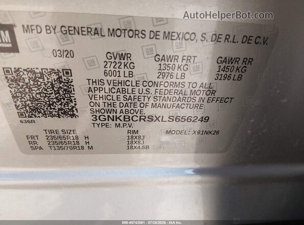 3GNKBCRSXLS656249 2020 CHEVROLET BLAZER Серебряный Вид подкапотного пространства