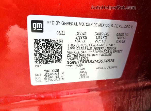 3GNKBDRS3MS574578 2021 CHEVROLET BLAZER Красный Вид наклейки с VIN-кодом