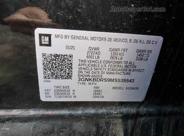 3GNKBDRS9MS535543 2021 CHEVROLET BLAZER Черный Вид наклейки с VIN-кодом