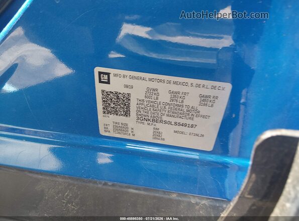 3GNKBERS0LS549187 2020 CHEVROLET BLAZER Синий Вид подкапотного пространства