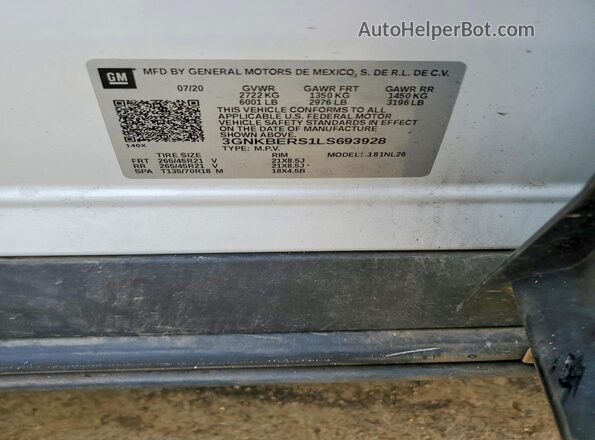 3GNKBERS1LS693928 2020 CHEVROLET BLAZER Белый Вид наклейки с VIN-кодом