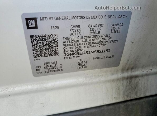 3GNKBERS1MS531153 2021 CHEVROLET BLAZER White VIN კოდის სტიკერის ხედი