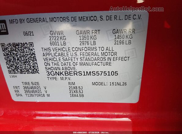 3GNKBERS1MS575105 2021 CHEVROLET BLAZER Красный Вид подкапотного пространства
