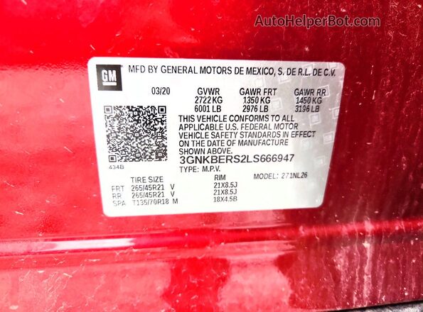 3GNKBERS2LS666947 2020 CHEVROLET BLAZER Red VIN კოდის სტიკერის ხედი