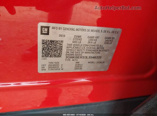 3GNKBERS3LS546333 2020 CHEVROLET BLAZER Red ძრავის განყოფილების ხედი