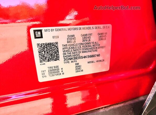 3GNKBERS4KS688740 2019 CHEVROLET BLAZER Red VIN კოდის სტიკერის ხედი