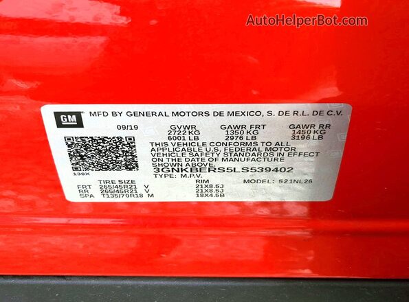 3GNKBERS5LS539402 2020 CHEVROLET BLAZER Red Vista de la etiqueta del VIN