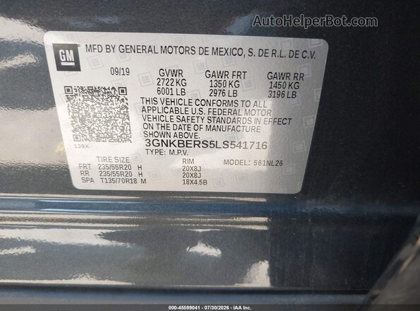 3GNKBERS5LS541716 2020 CHEVROLET BLAZER Gray Vista del compartimento del motor