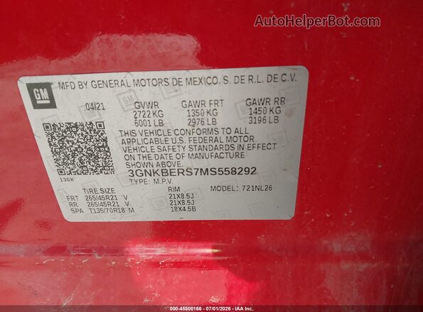 3GNKBERS7MS558292 2021 CHEVROLET BLAZER Red Vista del compartimento del motor