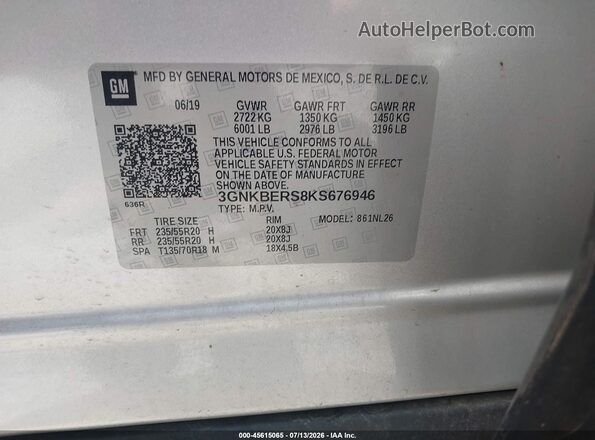3GNKBERS8KS676946 2019 CHEVROLET BLAZER Silver Շարժիչի բաժամունքի տեսք