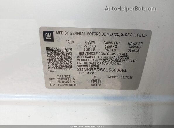 3GNKBERS8LS603691 2020 CHEVROLET BLAZER White Вид підкапотного простору