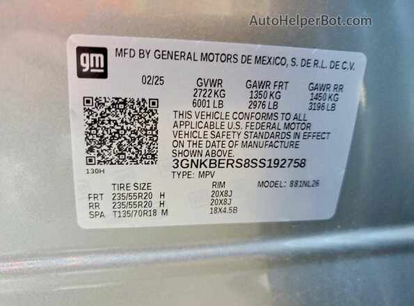 3GNKBERS8SS192758 2025 CHEVROLET BLAZER Gray Vista de la etiqueta del VIN