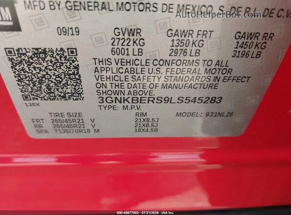 3GNKBERS9LS545283 2020 CHEVROLET BLAZER Red ძრავის განყოფილების ხედი