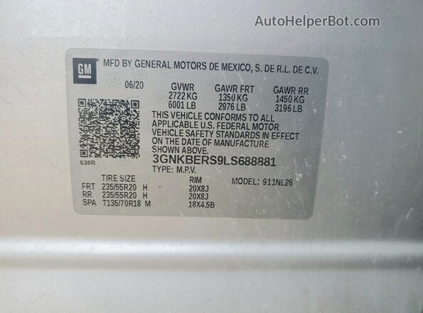 3GNKBERS9LS688881 2020 CHEVROLET BLAZER Silver Շարժիչի բաժամունքի տեսք