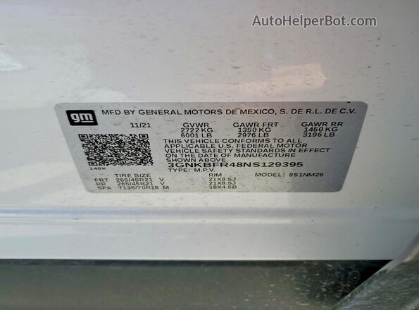 3GNKBFR48NS129395 2022 CHEVROLET BLAZER White Widok naklejki z numerem VIN