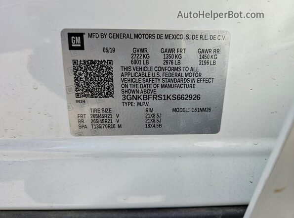 3GNKBFRS1KS662926 2019 CHEVROLET BLAZER White VIN კოდის სტიკერის ხედი