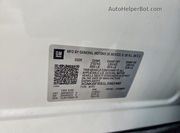 3GNKBFRS1LS662460 2020 CHEVROLET BLAZER White VIN կոդի պիտակի տեսք