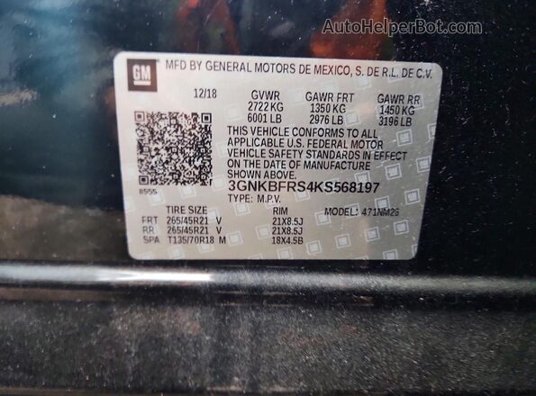 3GNKBFRS4KS568197 2019 CHEVROLET BLAZER Black VIN კოდის სტიკერის ხედი