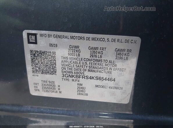 3GNKBFRS4KS654464 2019 CHEVROLET BLAZER Gray Вид підкапотного простору