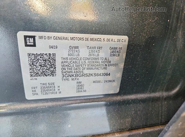 3GNKBGRS2KS643064 2019 CHEVROLET BLAZER Gray Vista interior de 360 grados