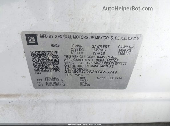 3GNKBGRS2KS656249 2019 CHEVROLET BLAZER White Շարժիչի բաժամունքի տեսք