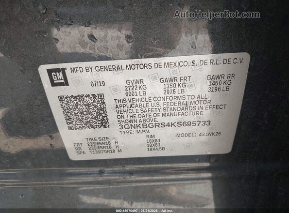 3GNKBGRS4KS695733 2019 CHEVROLET BLAZER Gray Widok komory silnika