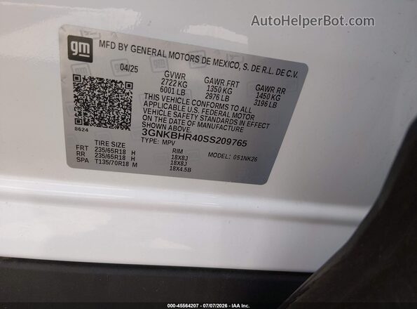 3GNKBHR40SS209765 2025 CHEVROLET BLAZER White Vista del compartimento del motor