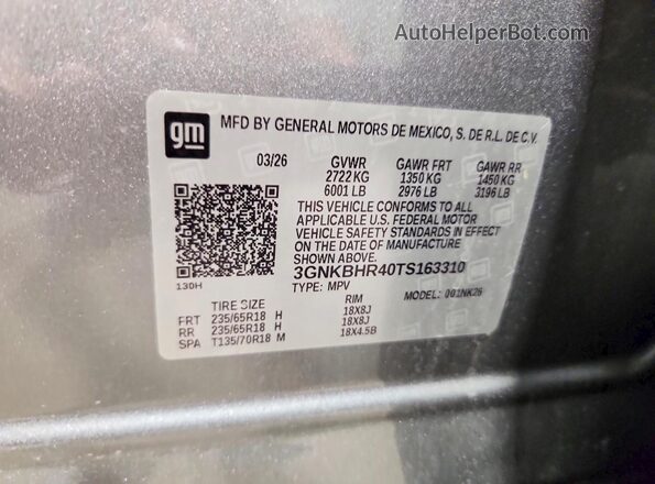 3GNKBHR40TS163310 2026 CHEVROLET BLAZER Silver Widok naklejki z numerem VIN