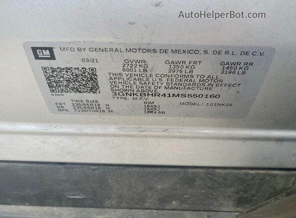 3GNKBHR41MS550160 2021 CHEVROLET BLAZER Silver Widok naklejki z numerem VIN