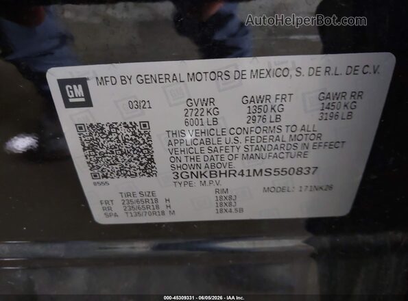 3GNKBHR41MS550837 2021 CHEVROLET BLAZER Black Engine compartment view