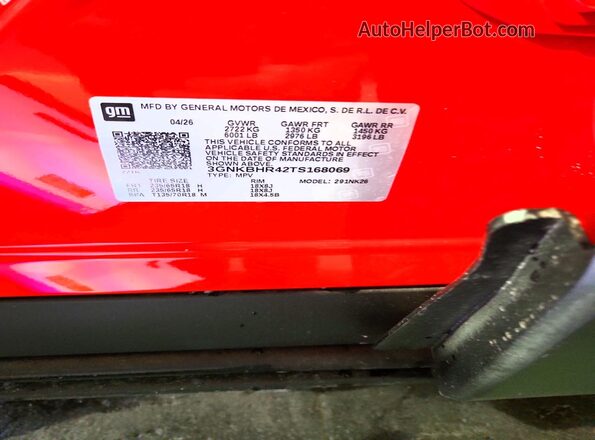 3GNKBHR42TS168069 2026 CHEVROLET BLAZER Red Vista de la etiqueta del VIN