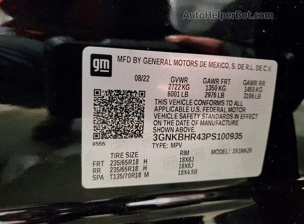 3GNKBHR43PS100935 2023 CHEVROLET BLAZER Black VIN sticker view
