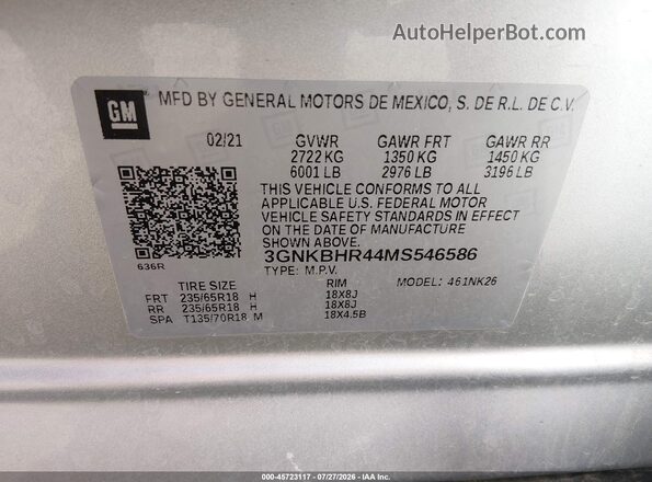 3GNKBHR44MS546586 2021 CHEVROLET BLAZER Серебряный Вид подкапотного пространства