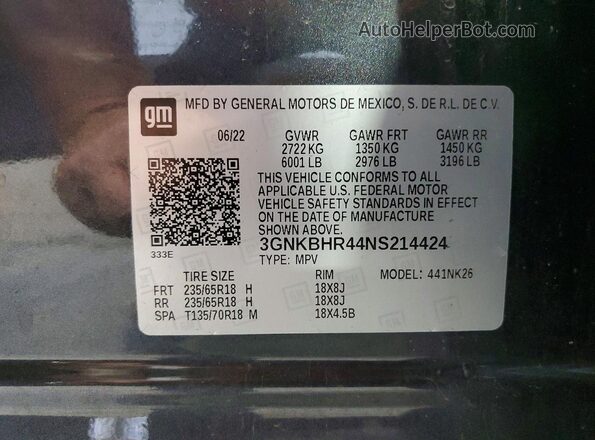 3GNKBHR44NS214424 2022 CHEVROLET BLAZER Charcoal VIN կոդի պիտակի տեսք